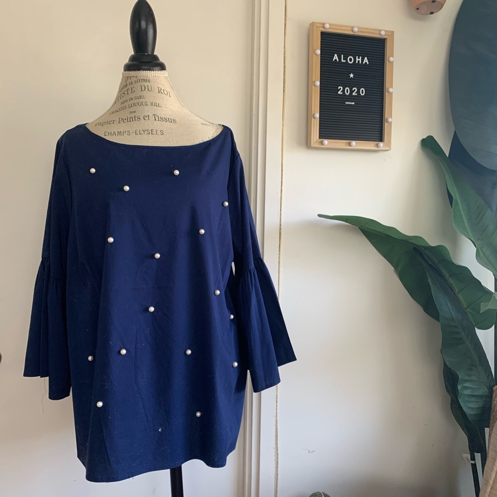 Blue Long Sleeve Blouse with Pearls NEW WITH TAGS